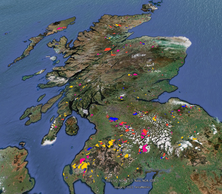 Google Earth map of Scotland showing wind farm locations using date provided by SNH. © Crown copyright and database right. 2013. All rights reserved.
