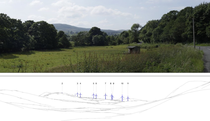 A view of the proposed site with wireframe diagram below of how the turbines would deface the beautiful scenery.